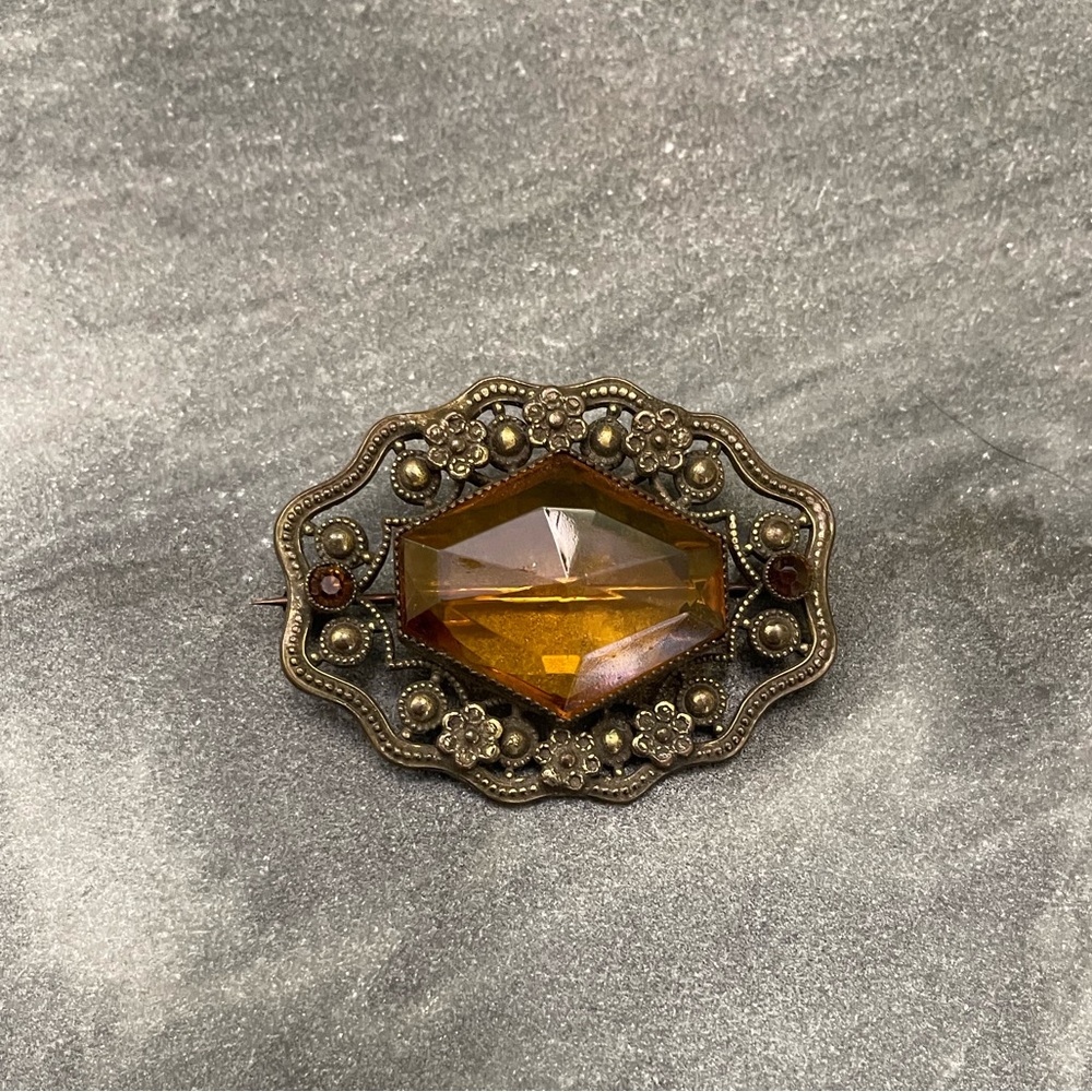 Vintage Bohemian Topaz Glass Brooch